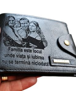 Portofel Personalizat 'Familia este locul 2', barbati, piele , cu capsa, negru