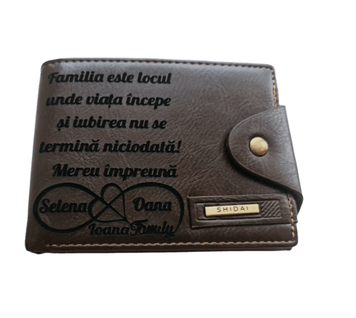 Portofel Personalizat 'Familia este locul', barbati, piele , cu capsa, maro