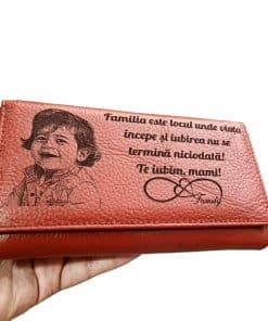 Portofel Personalizat 'Familia este locul unde viata 2', dama, piele naturala, rosu