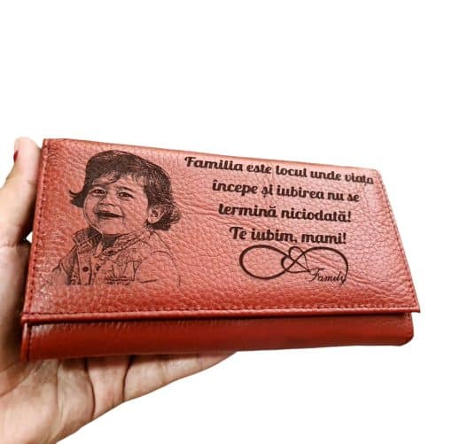 Portofel Personalizat 'Familia este locul unde viata 2', dama, piele naturala, rosu