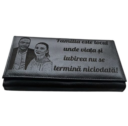 Portofel Personalizat 'Familia este locul unde viata', dama, piele naturala, negru