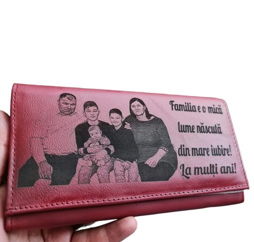 Portofel Personalizat 'Familia este o mica lume', dama, piele naturala, rosu