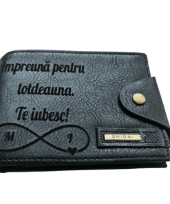 Portofel Personalizat 'Impreuna pentru totdeauna', barbati, piele, cu capsa, negru