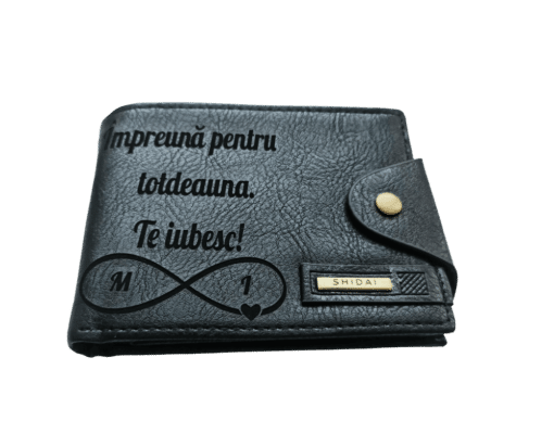 Portofel Personalizat 'Impreuna pentru totdeauna', barbati, piele, cu capsa, negru