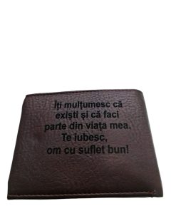 Portofel Personalizat 'Iti multumesc ca existi', barbati, piele, cu capsa, maro