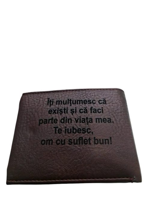 Portofel Personalizat 'Iti multumesc ca existi', barbati, piele, cu capsa, maro