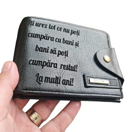 Portofel Personalizat 'Iti urez tot ce nu poti', barbati, piele, cu capsa, negru