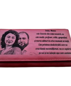 Portofel Personalizat 'Mama este Soarele', dama, piele naturala, rosu