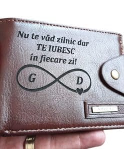 Portofel Personalizat 'Nu te vad zilnic', barbati, piele , cu capsa, maro