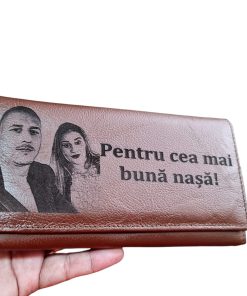 Portofel Personalizat 'Pentru cea mai buna nasa', dama, piele naturala, maro