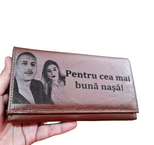 Portofel Personalizat 'Pentru cea mai buna nasa', dama, piele naturala, maro
