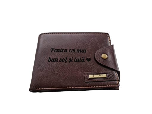 Portofel Personalizat 'Pentru cel mai bun sot', barbati, piele, cu capsa, maro
