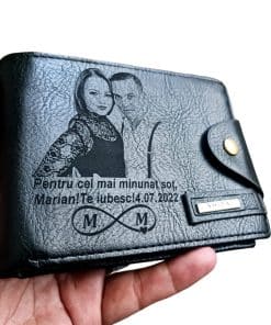 Portofel Personalizat 'Pentru cel mai minunat sot', barbati, piele , cu capsa, negru