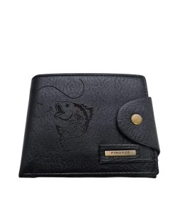 Portofel Personalizat 'Pescar de elita 1', barbati, piele, cu capsa, negru