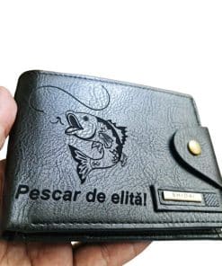 Portofel Personalizat 'Pescar de elita', barbati, piele , cu capsa, negru
