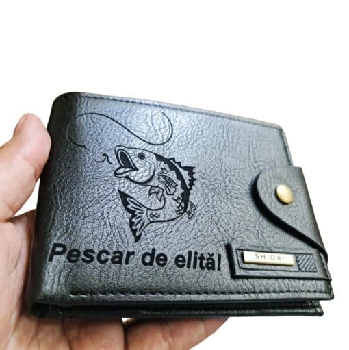 Portofel Personalizat 'Pescar de elita', barbati, piele , cu capsa, negru