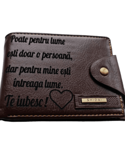 Portofel Personalizat 'Poate pentru lume', barbati, piele, cu capsa, maro