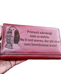 Portofel Personalizat 'Prietenii adevarati sunt ca stelele', dama, piele naturala, rosu