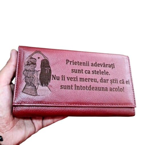 Portofel Personalizat 'Prietenii adevarati sunt ca stelele', dama, piele naturala, rosu