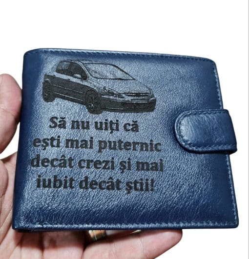Portofel Personalizat 'Sa nu uiti ca esti mai puternic', barbati, piele naturala, cu capsa, albastru