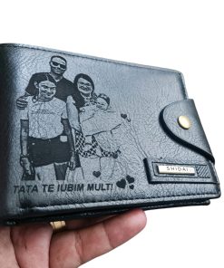 Portofel Personalizat 'Tata te iubim mult', barbati, piele , cu capsa, negru