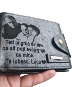 Portofel Personalizat 'Tati ai grija de tine', barbati, piele , cu capsa, negru