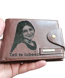 Portofel Personalizat 'Tati te iubesc', barbati, piele , cu capsa, maro