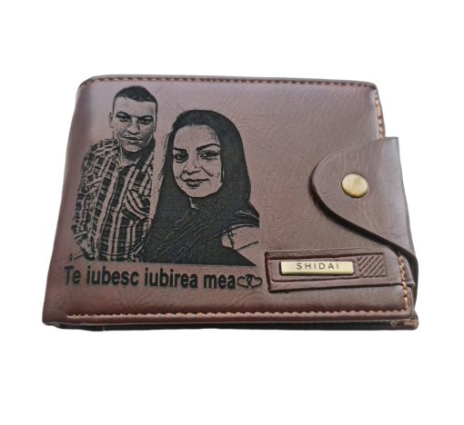Portofel Personalizat 'Te iubesc iubirea mea', barbati, piele, cu capsa, maro