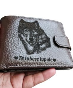 Portofel Personalizat 'Te iubesc lupule', barbati, piele naturala , maro