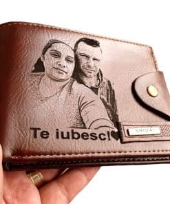 Portofel Personalizat 'Te iubesc pemb', barbati, piele , cu capsa, maro