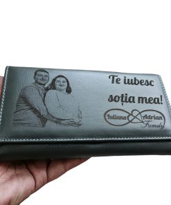 Portofel Personalizat 'Te iubesc sotia mea', dama, piele naturala, negru