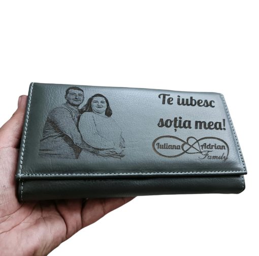 Portofel Personalizat 'Te iubesc sotia mea', dama, piele naturala, negru