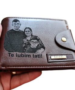 Portofel Personalizat 'Te iubim tati pemb', barbati, piele, cu capsa, maro