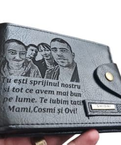 Portofel Personalizat 'Tu esti sprijinul nostru', barbati, piele , cu capsa, negru