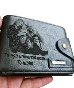 Portofel Personalizat 'Tu esti universul nostru', barbati, piele , cu capsa, negru
