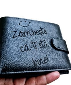 Portofel Personalizat 'Zambeste ca-ti sta bine', barbati, piele naturala , negru