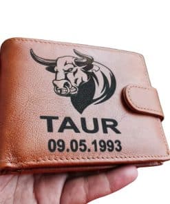 Portofel Personalizat 'Zodia Taur', barbati, piele naturala , maro
