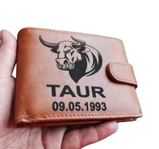 Portofel Personalizat 'Zodia Taur', barbati, piele naturala , maro