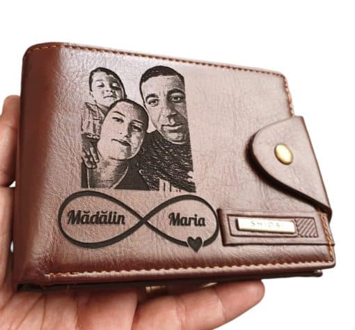 Portofel Personalizat cu poza e45, barbati, piele , cu capsa, maro