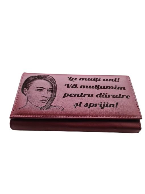 Portofel Personalizat 'La multi ani', dama, piele naturala, rosu