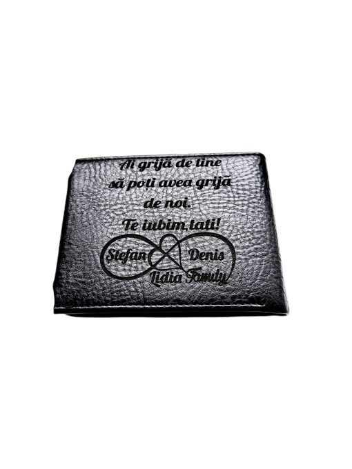 Portofel Personalizat 'Ai grija', barbati, piele , cu capsa, negru