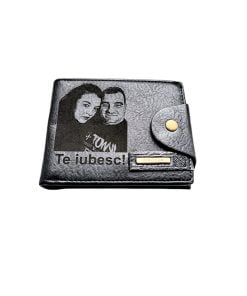 Portofel Personalizat cu poza e8, barbati, piele , cu capsa, negru