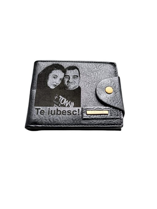 Portofel Personalizat cu poza e8, barbati, piele , cu capsa, negru