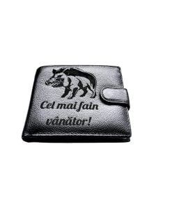 Portofel Personalizat 'Fain vanator', barbati, piele naturala , negru