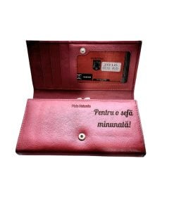 Portofel Personalizat 'Sefa minunata', dama, piele naturala, rosu