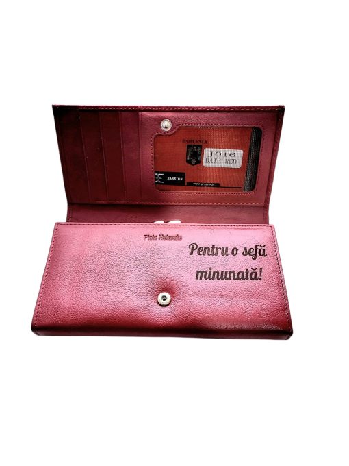 Portofel Personalizat 'Sefa minunata', dama, piele naturala, rosu