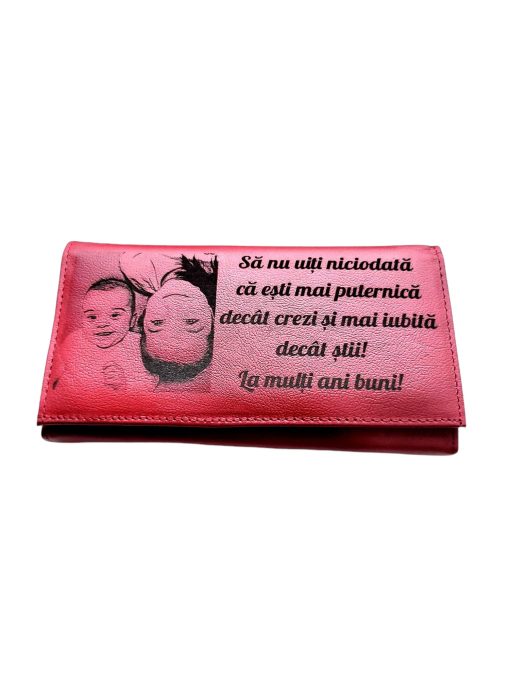 Portofel Personalizat 'La multi ani rd', dama, piele naturala, rosu