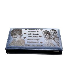 Portofel Personalizat 'Bunica noastra' , dama, piele naturala, albastru