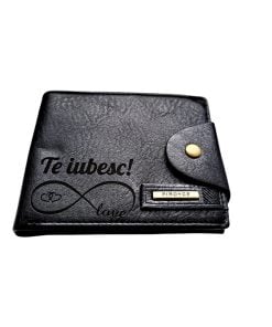 Portofel Personalizat 'Te iubesc penb', barbati, piele , cu capsa, negru