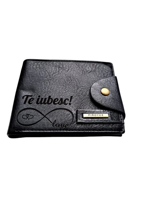 Portofel Personalizat 'Te iubesc penb', barbati, piele , cu capsa, negru